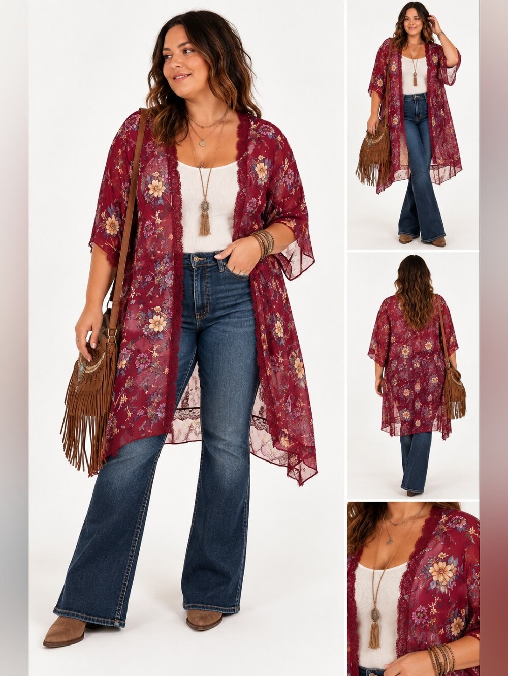Almost Famous 1X Burgundy Floral Lace Trim Sheer Kimono Boho Festival Duster